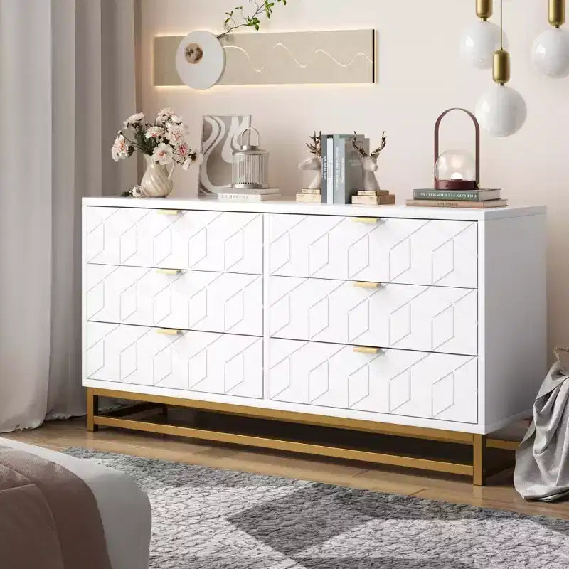 Dresser for Bedroom, 53.5 Large Dresser Organizer, 6 Drawer Dresser with Golden Metal Handle and Legs, Dressers with Drawers 7