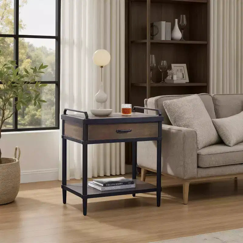 Art Leon Wood Storage End Table with Drawer and Open Shelf 3