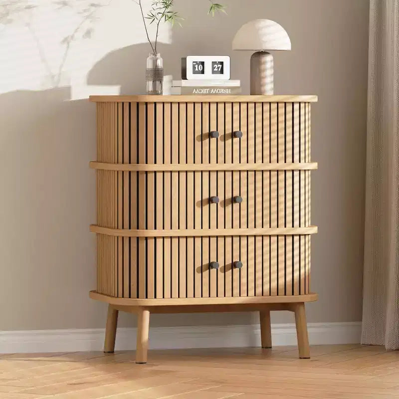 Cassettiera a 3 cassetti, comò per camera da letto, cassettiera spaziosa in vimini con maniglie nere opache e gambe in legno per armadio, corridoio, stile naturale 4
