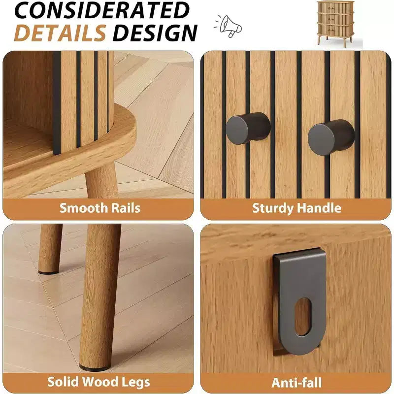 Cassettiera a 3 cassetti, comò per camera da letto, cassettiera spaziosa in vimini con maniglie nere opache e gambe in legno per armadio, corridoio, stile naturale 6