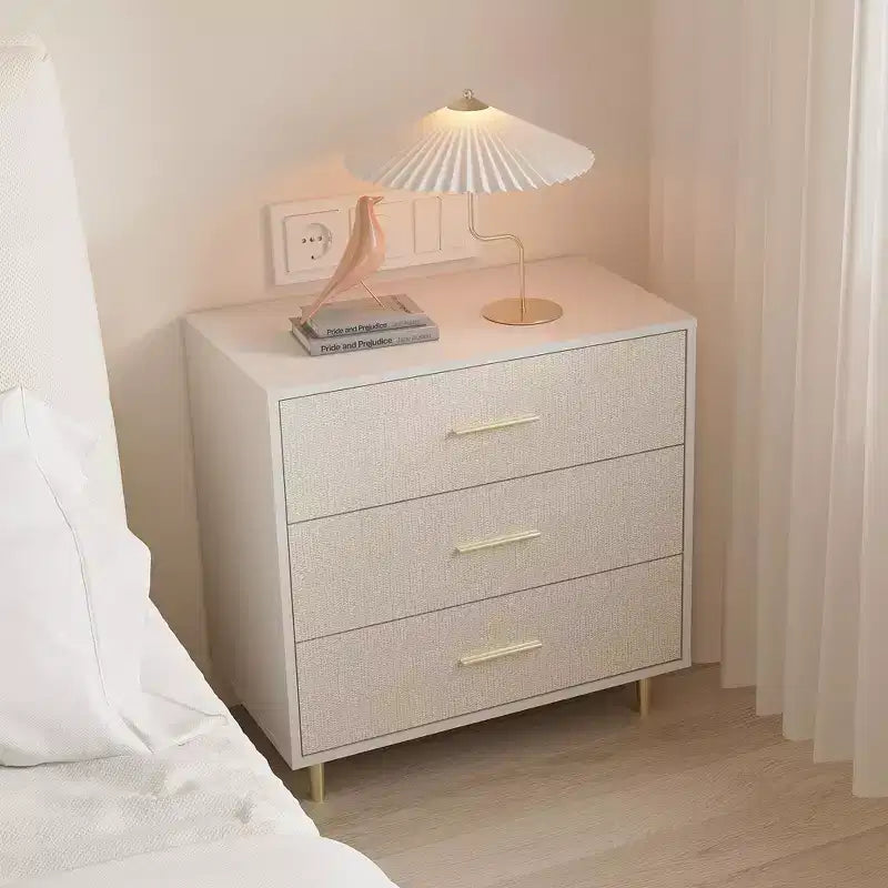 3 Drawer Dresser with Gold Handles and Legs, Wooden Nightstand with Linen-Textured Surface, White Chest of Drawers, Accent Cabinet End Table
