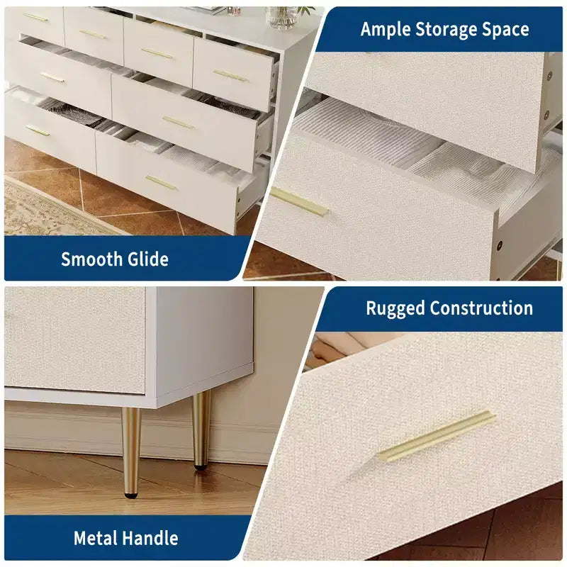 Comodino con 3 cassetti con maniglie e gambe dorate, Comodino in legno con superficie effetto lino, Cassettiera bianca, Tavolino d'appoggio 6