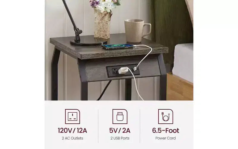Acekool, set di 2 tavolini con stazione di ricarica, tavolini laterali con porte USB e prese di corrente, piccoli scaffali portaoggetti per soggiorno e camera da letto 3