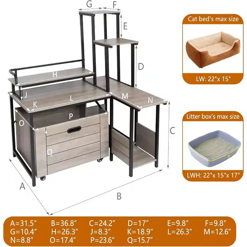 6-Shelf Cat Litter Box Enclosure with Pull-Out Tray & Mat - Hidden Wooden Litter Furniture for Corner Placement