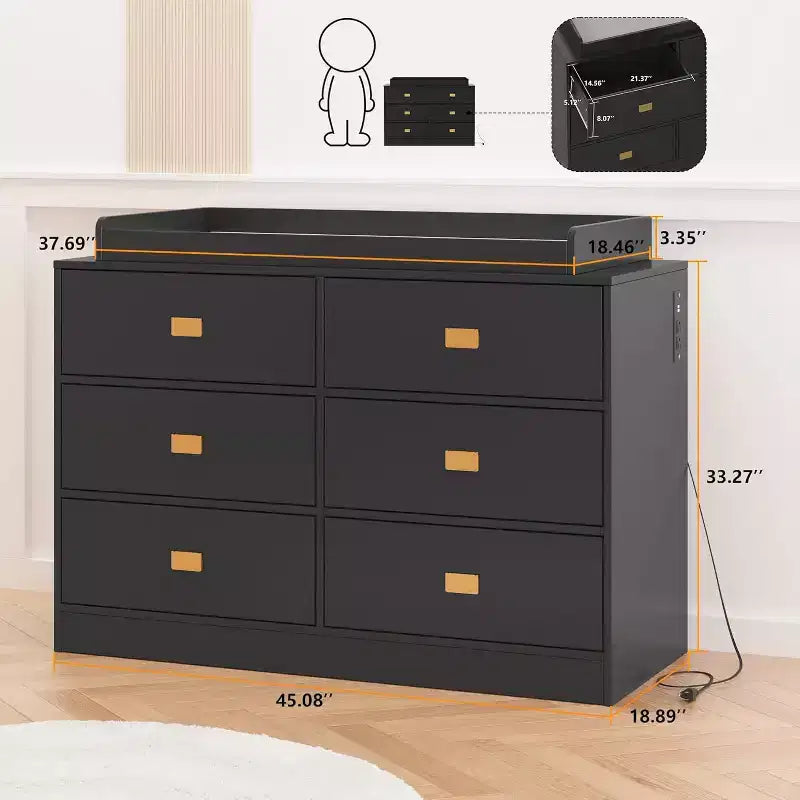 Dresser for Bedroom with 6 Drawers, Changing Table Dresser, Soft Pad & Removable Top, Baby Dressers with Changing Table Top for Nursery 6