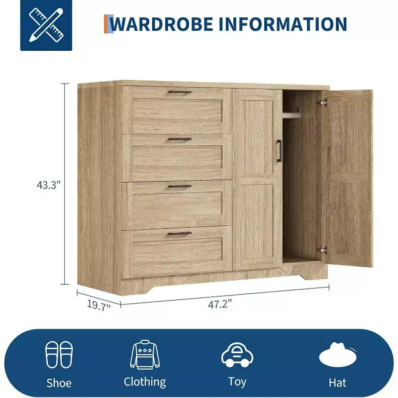 Acekool 2-Door Wardrobe Dresser  Closet Armoire with 4 Drawers & Hanging Rod 10