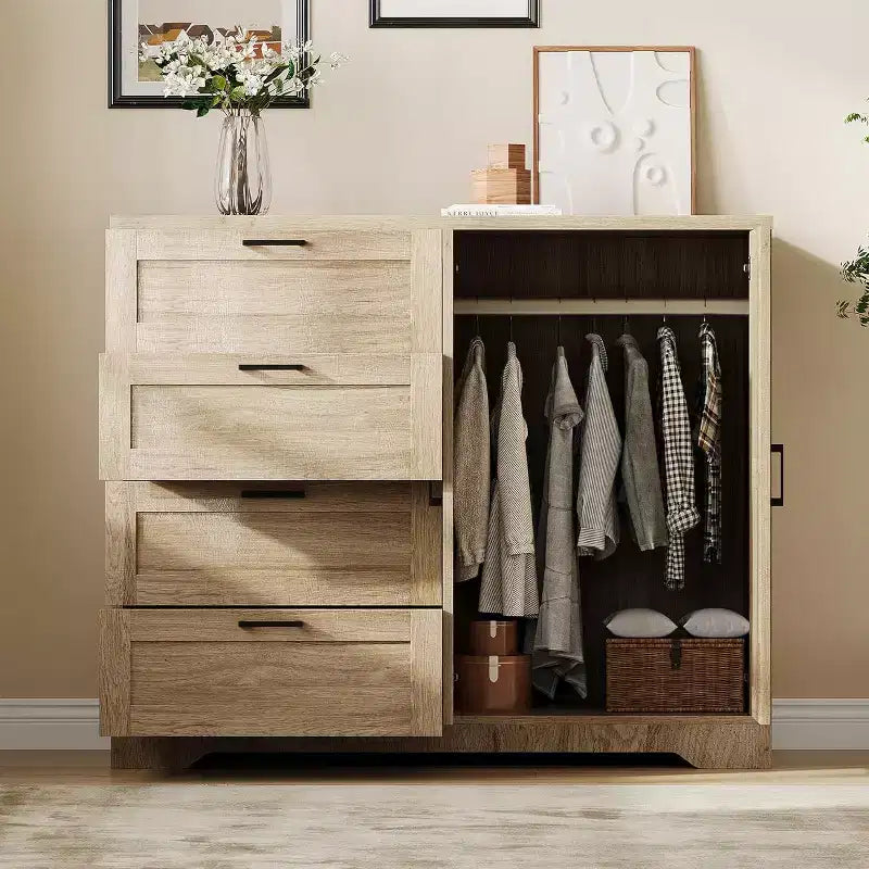 Acekool 2-Door Wardrobe Dresser  Closet Armoire with 4 Drawers & Hanging Rod 11