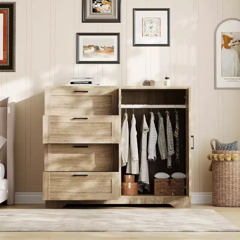 Acekool 2-Door Wardrobe Dresser  Closet Armoire with 4 Drawers & Hanging Rod 15