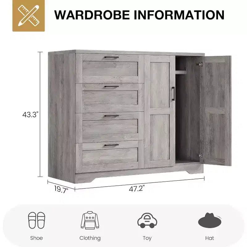 Acekool 2-Door Wardrobe Dresser  Closet Armoire with 4 Drawers & Hanging Rod