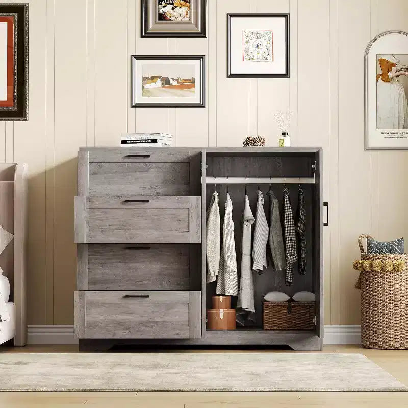 Acekool 2-Door Wardrobe Dresser  Closet Armoire with 4 Drawers & Hanging Rod 3