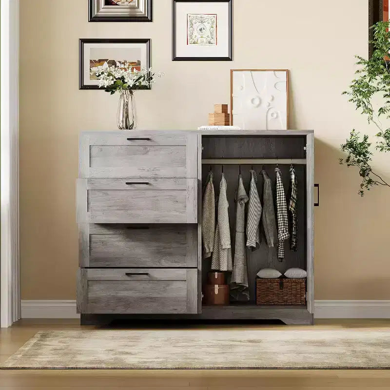 Acekool 2-Door Wardrobe Dresser  Closet Armoire with 4 Drawers & Hanging Rod 5