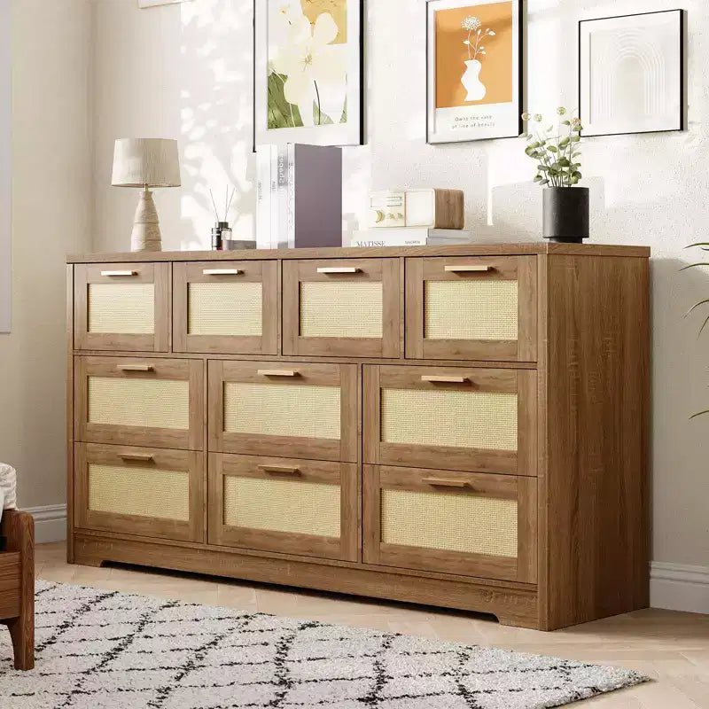 10-Drawer Dresser for Bedroom, Rattan Farmhouse Chest with Handles, Freestanding Wooden Storage Cabinet for Living Room, Closet, Entryway 10