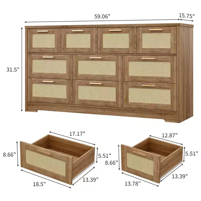 10-Drawer Dresser for Bedroom, Rattan Farmhouse Chest with Handles, Freestanding Wooden Storage Cabinet for Living Room, Closet, Entryway 11