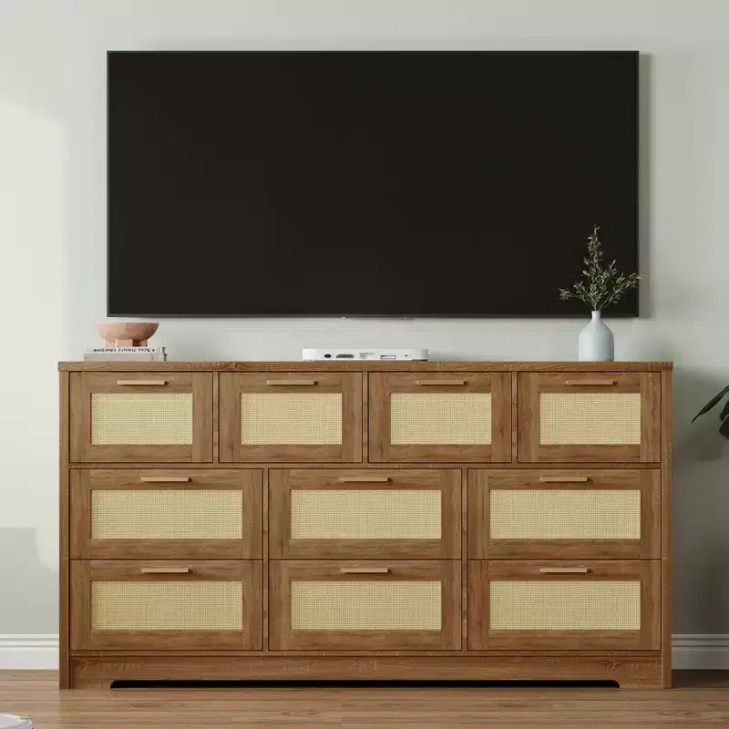 10-Drawer Dresser for Bedroom, Rattan Farmhouse Chest with Handles, Freestanding Wooden Storage Cabinet for Living Room, Closet, Entryway 12