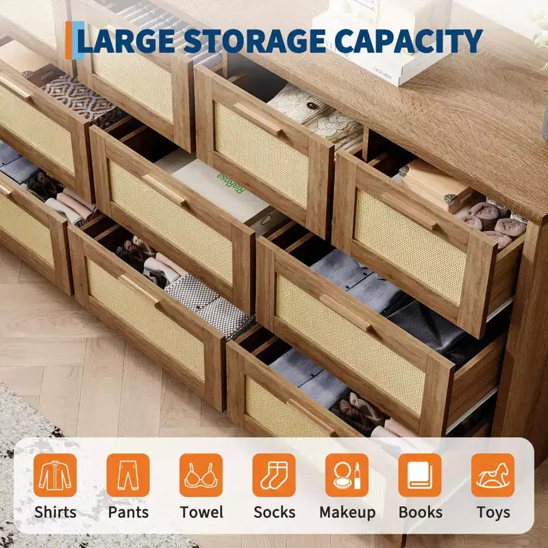 10-Drawer Dresser for Bedroom, Rattan Farmhouse Chest with Handles, Freestanding Wooden Storage Cabinet for Living Room, Closet, Entryway 13