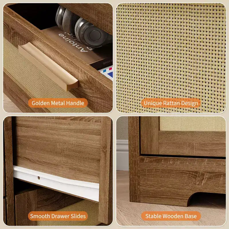 10-Drawer Dresser for Bedroom, Rattan Farmhouse Chest with Handles, Freestanding Wooden Storage Cabinet for Living Room, Closet, Entryway 14