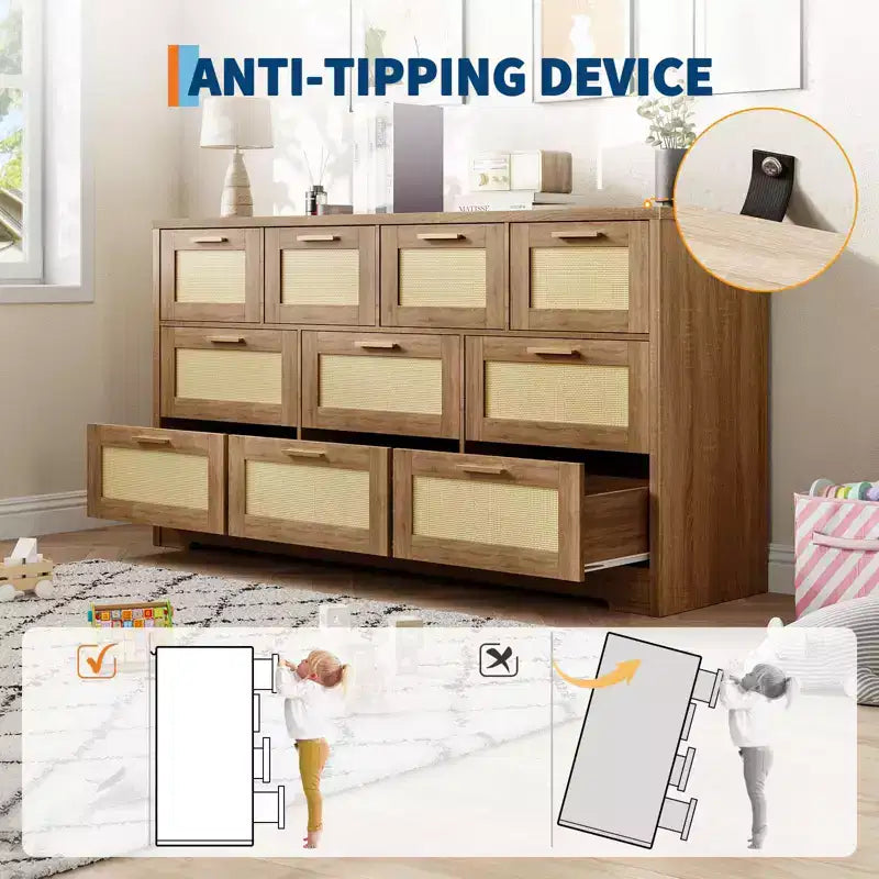 10-Drawer Dresser for Bedroom, Rattan Farmhouse Chest with Handles, Freestanding Wooden Storage Cabinet for Living Room, Closet, Entryway 15