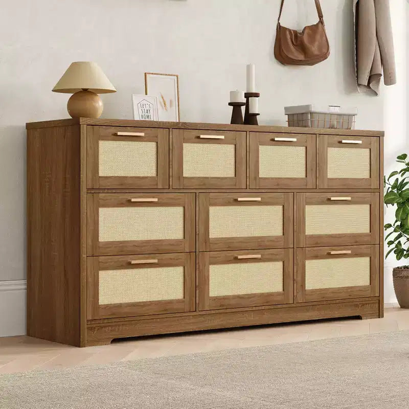 10-Drawer Dresser for Bedroom, Rattan Farmhouse Chest with Handles, Freestanding Wooden Storage Cabinet for Living Room, Closet, Entryway 16