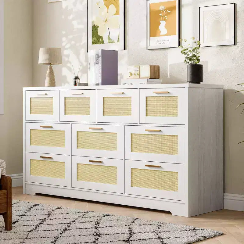 10-Drawer Dresser for Bedroom, Rattan Farmhouse Chest with Handles, Freestanding Wooden Storage Cabinet for Living Room, Closet, Entryway 18