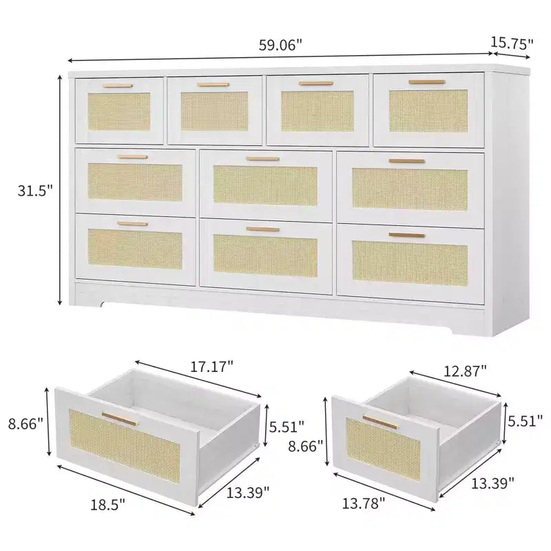 10-Drawer Dresser for Bedroom, Rattan Farmhouse Chest with Handles, Freestanding Wooden Storage Cabinet for Living Room, Closet, Entryway 19