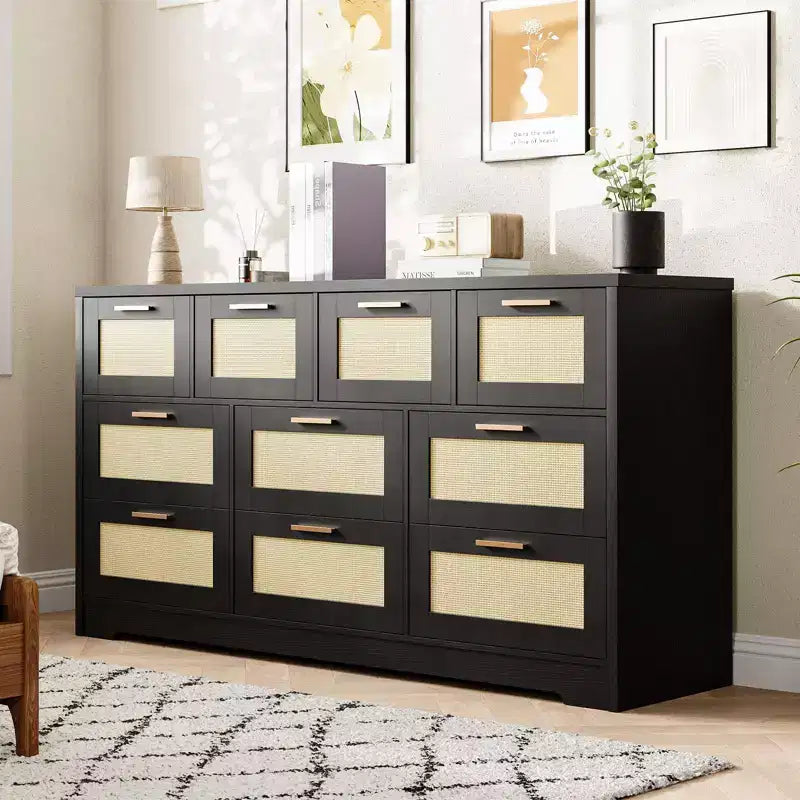 Comò a 10 cassetti per camera da letto, cassettiera coloniale in rattan con maniglie, mobile contenitore indipendente in legno per soggiorno, armadio, ingresso