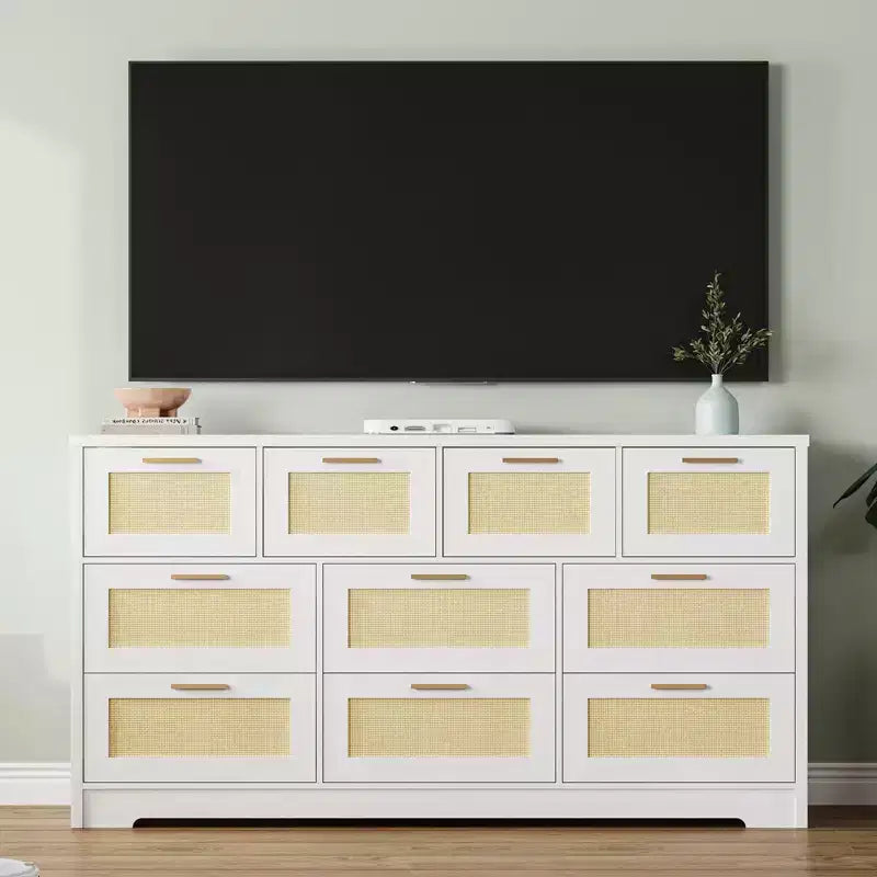10-Drawer Dresser for Bedroom, Rattan Farmhouse Chest with Handles, Freestanding Wooden Storage Cabinet for Living Room, Closet, Entryway 20