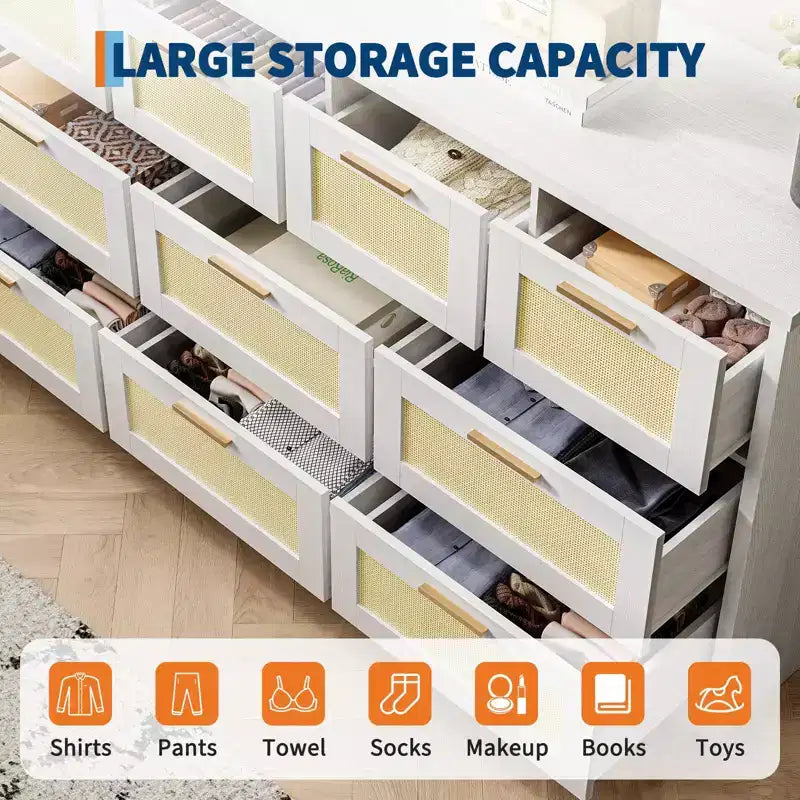 10-Drawer Dresser for Bedroom, Rattan Farmhouse Chest with Handles, Freestanding Wooden Storage Cabinet for Living Room, Closet, Entryway 21