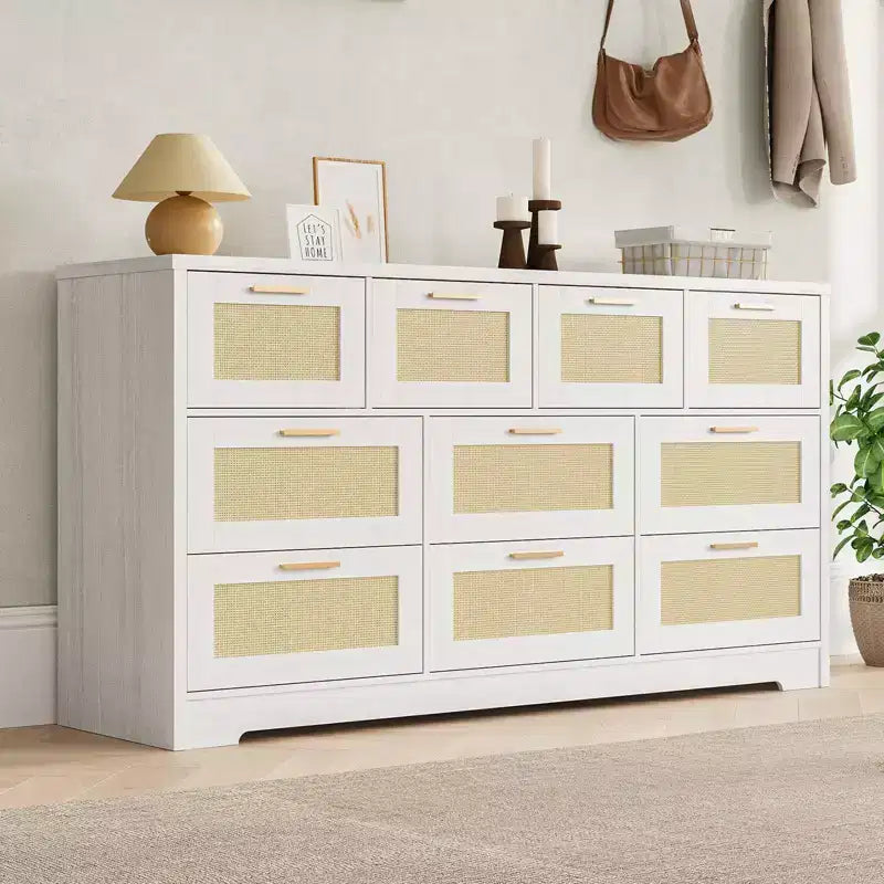 10-Drawer Dresser for Bedroom, Rattan Farmhouse Chest with Handles, Freestanding Wooden Storage Cabinet for Living Room, Closet, Entryway 24