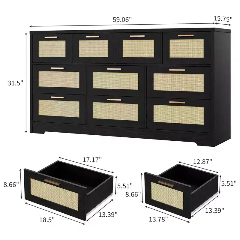10-Drawer Dresser for Bedroom, Rattan Farmhouse Chest with Handles, Freestanding Wooden Storage Cabinet for Living Room, Closet, Entryway 3