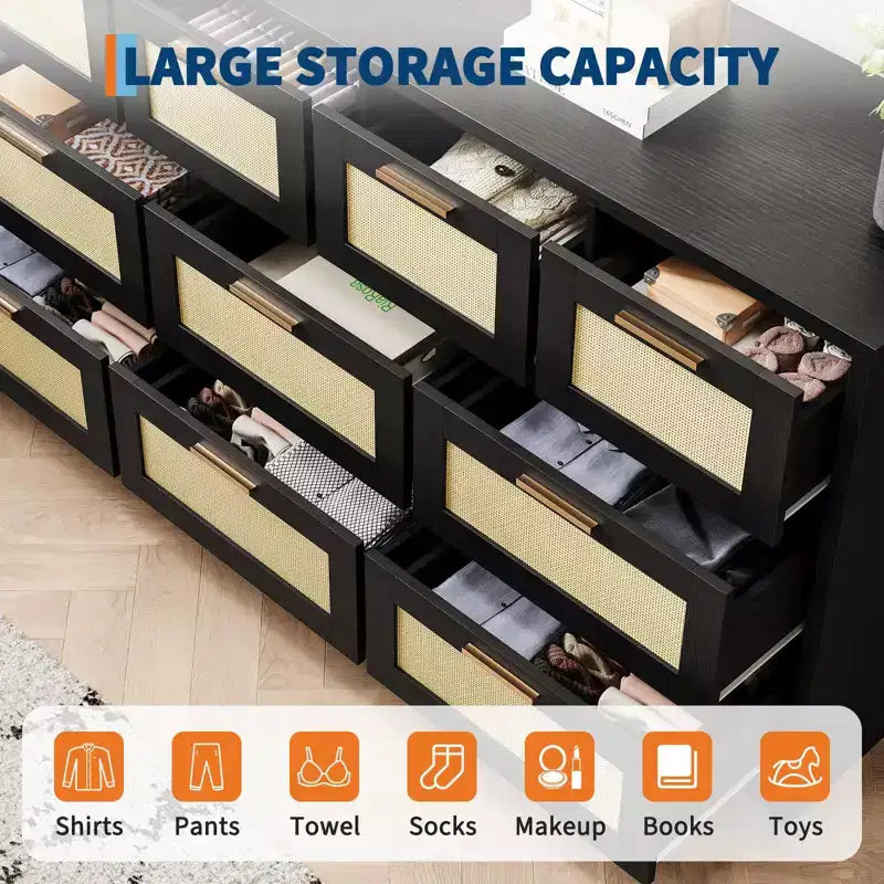 10-Drawer Dresser for Bedroom, Rattan Farmhouse Chest with Handles, Freestanding Wooden Storage Cabinet for Living Room, Closet, Entryway 4