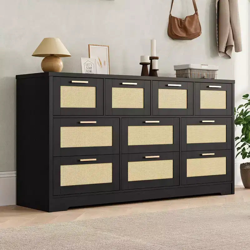 10-Drawer Dresser for Bedroom, Rattan Farmhouse Chest with Handles, Freestanding Wooden Storage Cabinet for Living Room, Closet, Entryway 7