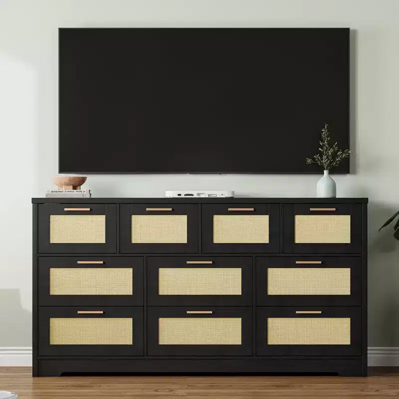 10-Drawer Dresser for Bedroom, Rattan Farmhouse Chest with Handles, Freestanding Wooden Storage Cabinet for Living Room, Closet, Entryway 8