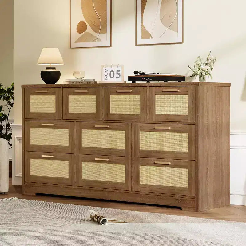 10-Drawer Dresser for Bedroom, Rattan Farmhouse Chest with Handles, Freestanding Wooden Storage Cabinet for Living Room, Closet, Entryway 9