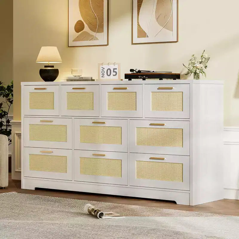 10-Drawer Dresser for Bedroom, Rattan Farmhouse Chest with Handles, Freestanding Wooden Storage Cabinet for Living Room, Closet, Entryway 17