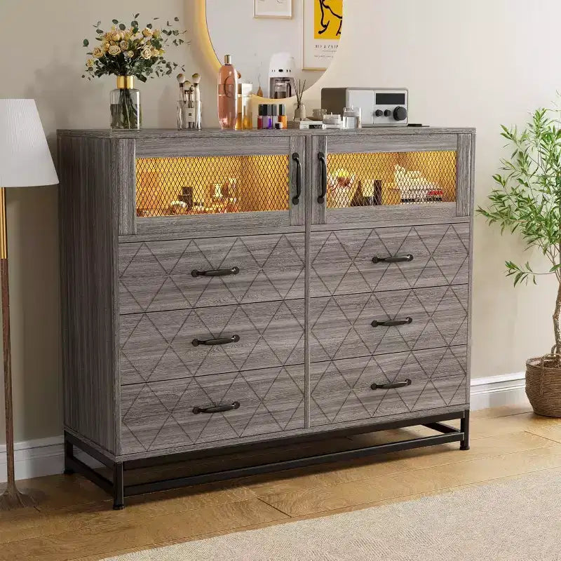 1PC 6-Drawer Dresser with USB Ports & RGB Lights - 2-Door Storage Cabinet for Bedroom/Living Room