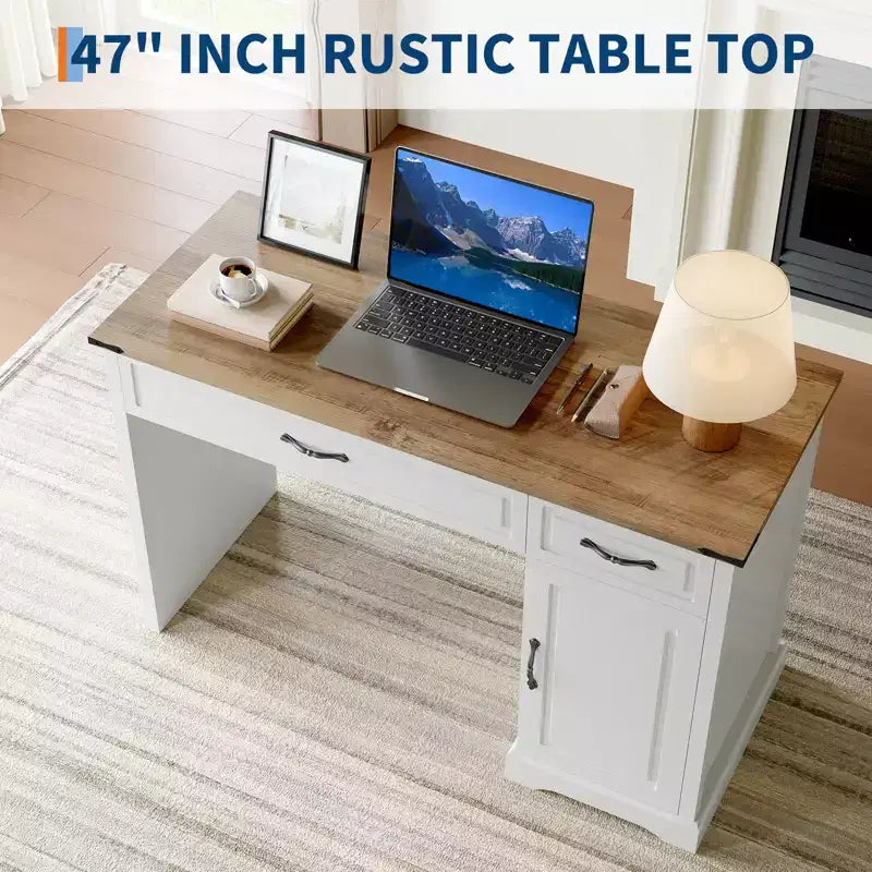 47 Inch Farmhouse Executive Desk, Rustic Home Office Desk with Drawers Storage, Wood Computer Desk Writing Workstation for Home Office & Study