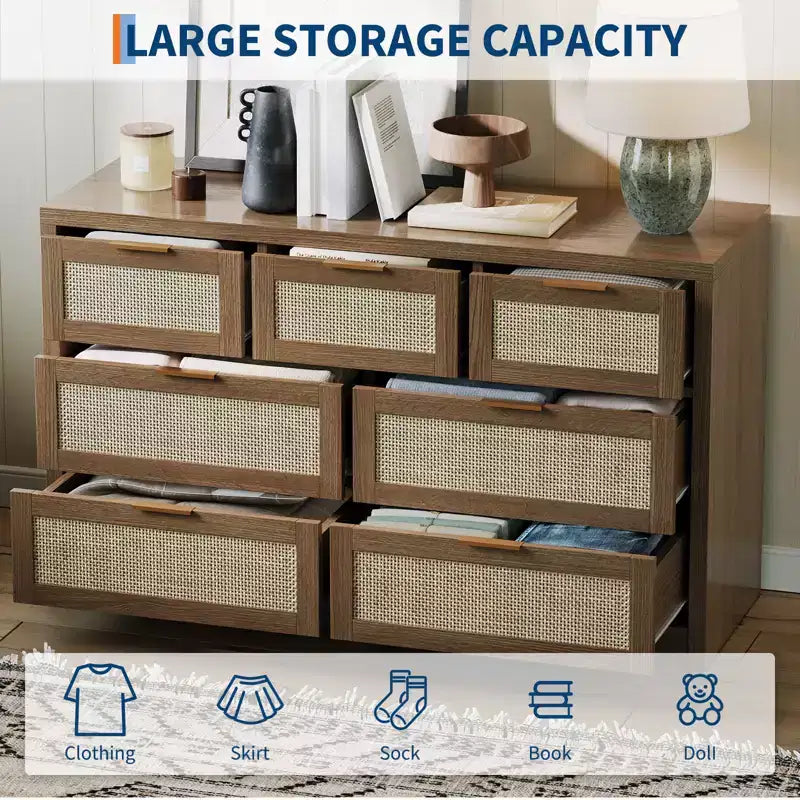 7 Drawers Dresser, 52 W Rattan Dresser, Modern Chest of Drawers with Metal Handle, Wood Closet Clothes Storage, for Living Room, Hallway, TV Stand
