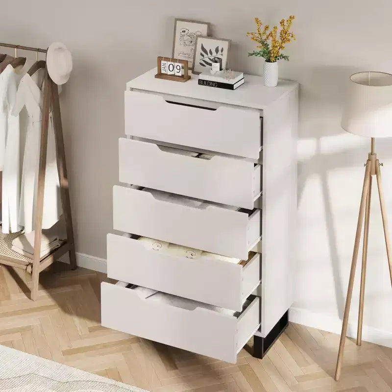 5-Drawer White Bedroom Dressers: 50 Tall Freestanding Vertical Wooden Chest with Storage for Living Room, Hallway & Entryway 4