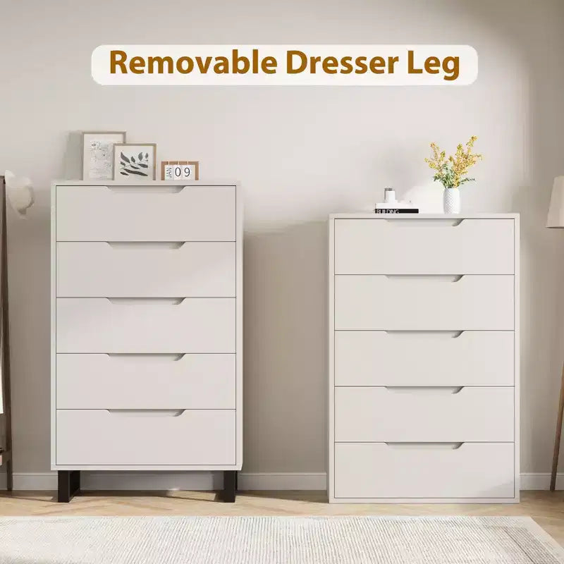 5-Drawer White Bedroom Dressers: 50 Tall Freestanding Vertical Wooden Chest with Storage for Living Room, Hallway & Entryway 5