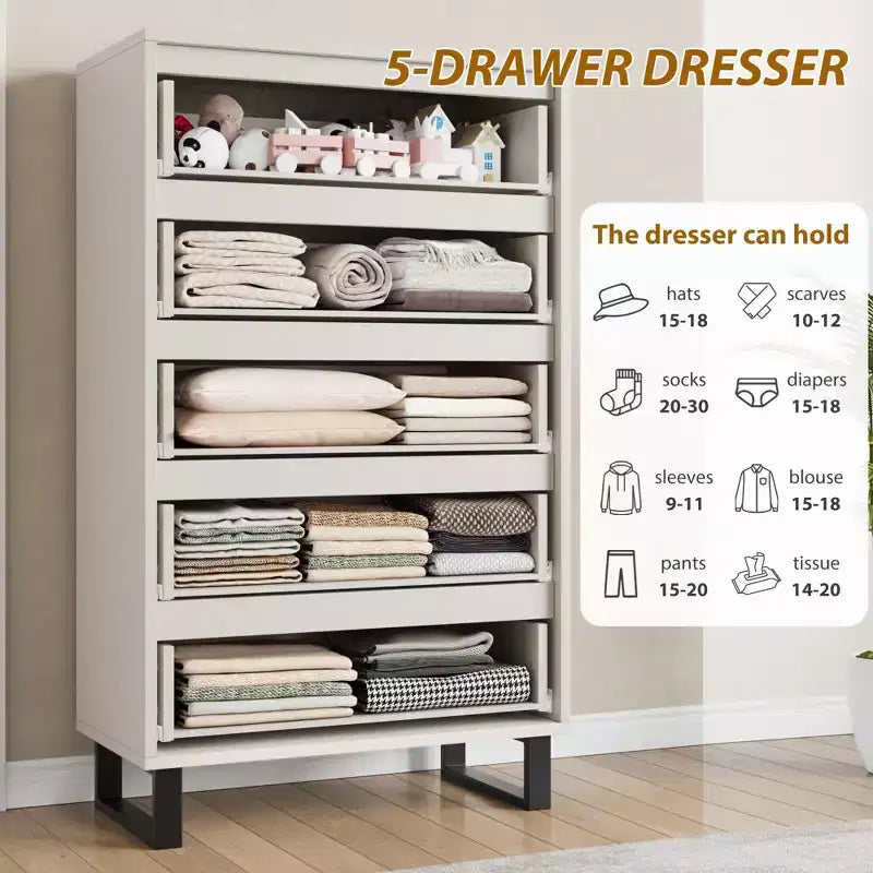 5-Drawer White Bedroom Dressers: 50 Tall Freestanding Vertical Wooden Chest with Storage for Living Room, Hallway & Entryway 7