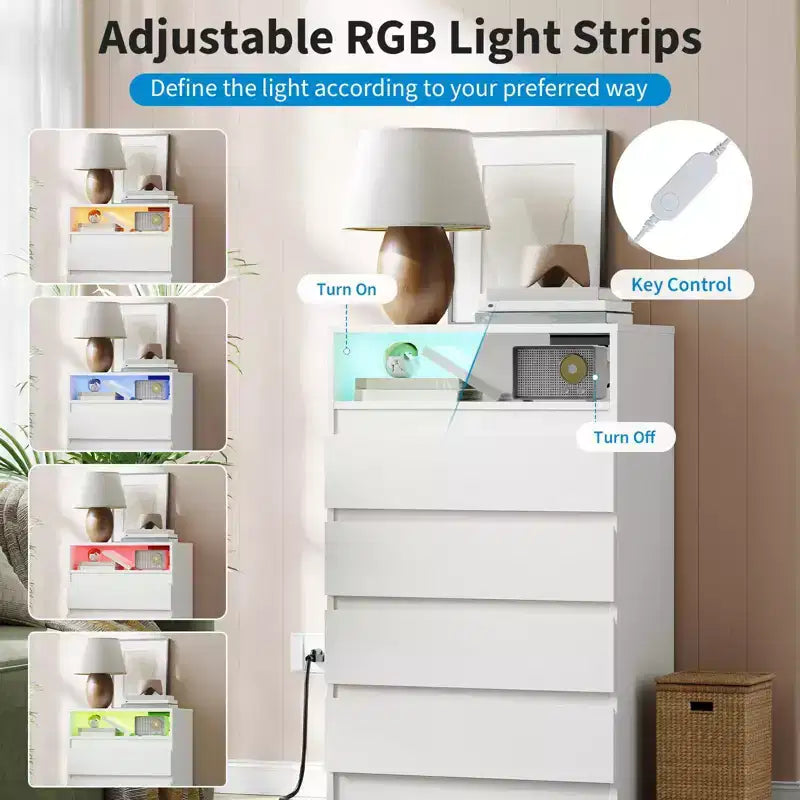 4 Drawer Dresser, White LED Dresser with Charging Station, Anchors to Wall, 6-Color Adjustable Light Strip White 3