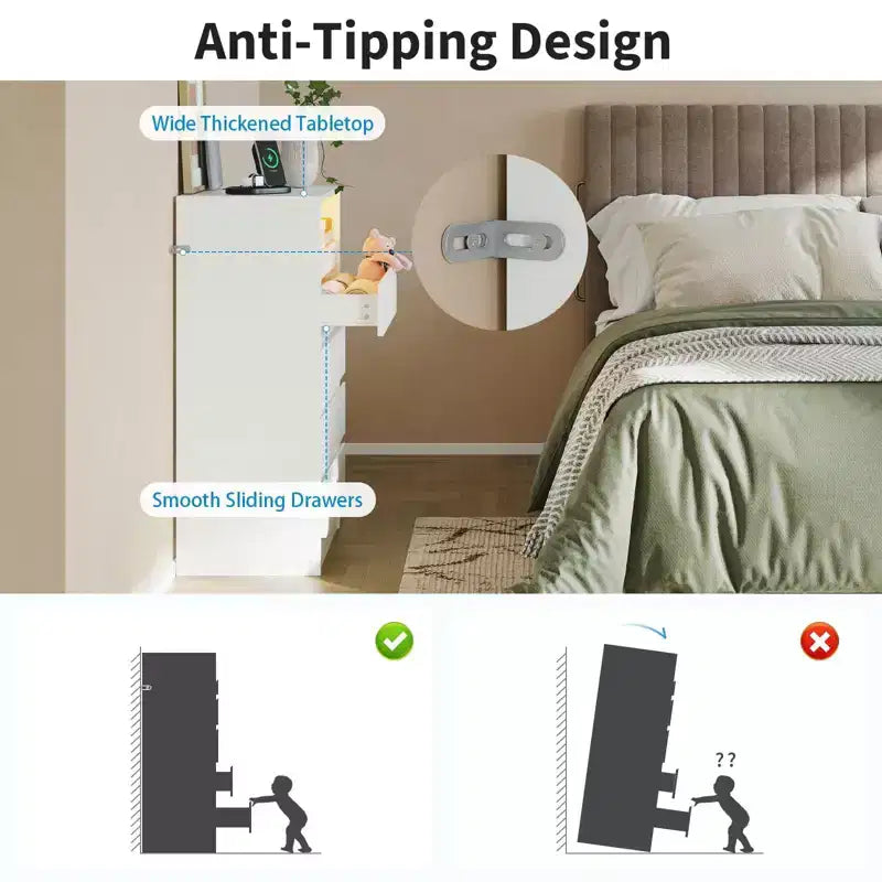 4 Drawer Dresser, White LED Dresser with Charging Station, Anchors to Wall, 6-Color Adjustable Light Strip White 5