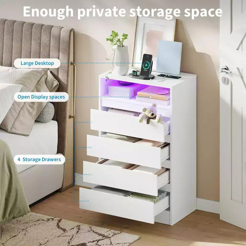 4 Drawer Dresser, White LED Dresser with Charging Station, Anchors to Wall, 6-Color Adjustable Light Strip White 6