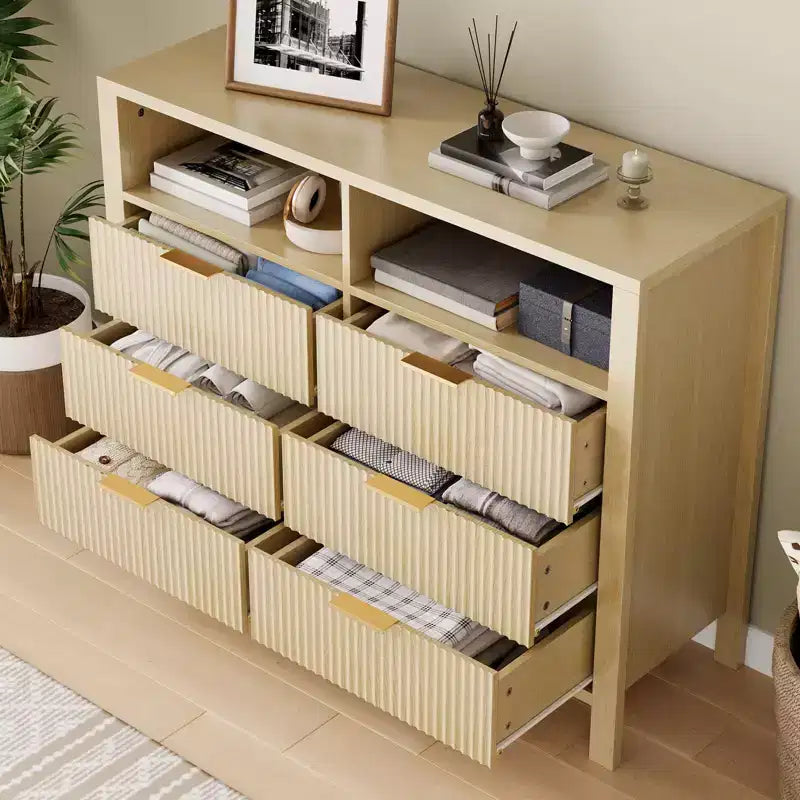 6 Drawer Dresser for Bedroom, Farmhouse Chest of Drawers with 2 Open Shelves and Fluted Doors for Living Room, Entryway