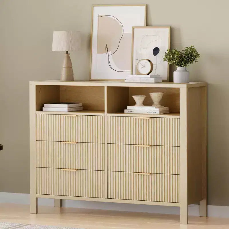 6 Drawer Dresser for Bedroom, Farmhouse Chest of Drawers with 2 Open Shelves and Fluted Doors for Living Room, Entryway