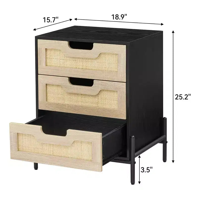 Comodino in Rattan, Comodino da Fattoria con 3 Cassetti, Comodino con Gambe in Metallo, Tavolino d'Appoggio Boho per Camera da Letto