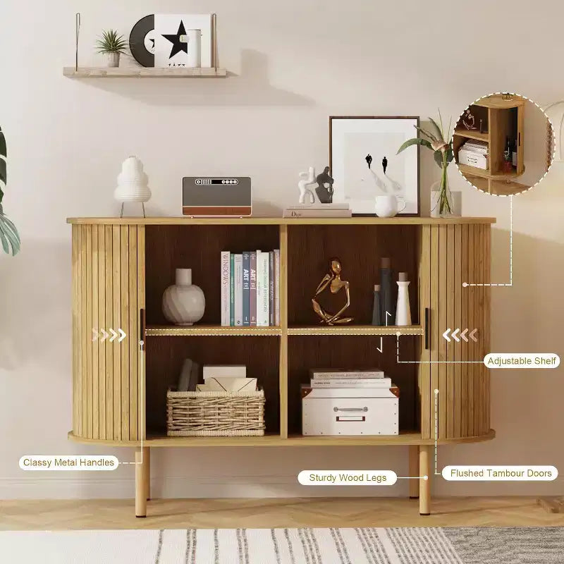 Credenza con ante scorrevoli scanalate da 47", mobile contenitore moderno in legno con ripiani regolabili, per soggiorno, cucina, sala da pranzo 12