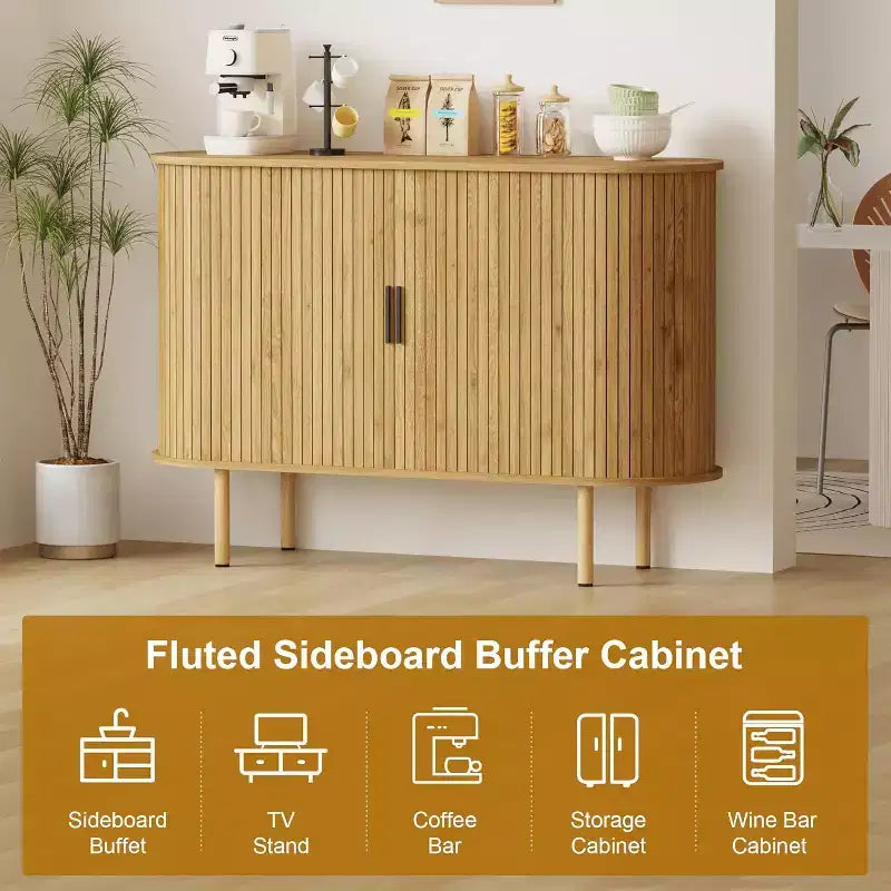 Credenza con ante scorrevoli scanalate da 47", mobile contenitore moderno in legno con ripiani regolabili, per soggiorno, cucina, sala da pranzo 13