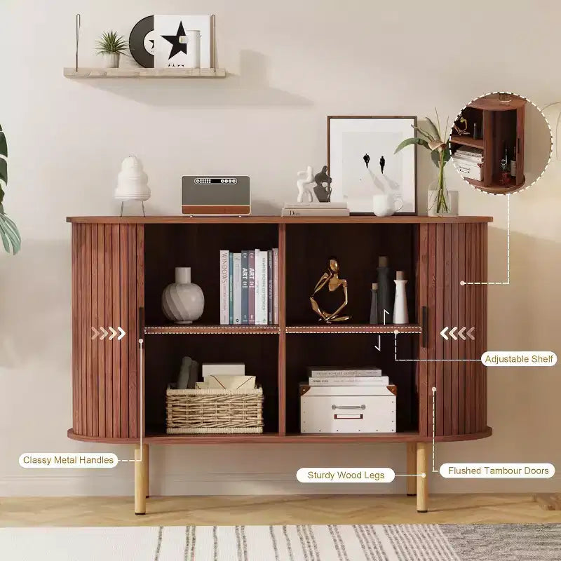 Credenza con ante scorrevoli scanalate da 47", mobile contenitore moderno in legno con ripiani regolabili, per soggiorno, cucina, sala da pranzo 4