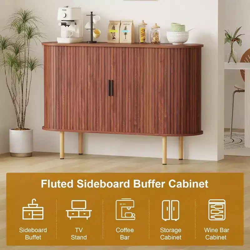 Credenza con ante scorrevoli scanalate da 47", mobile contenitore moderno in legno con ripiani regolabili, per soggiorno, cucina, sala da pranzo 5